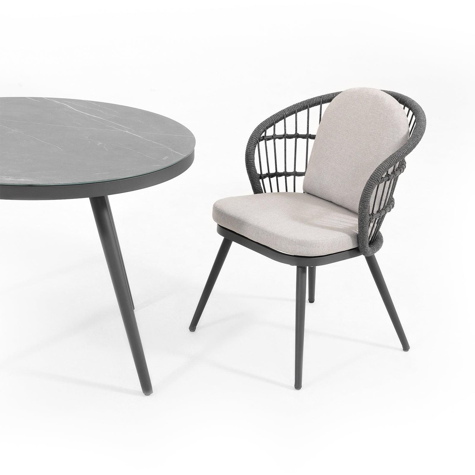 Courtyard Outdoor Dining Set with Round Tempered Glass Table and Rope Weave Armchair