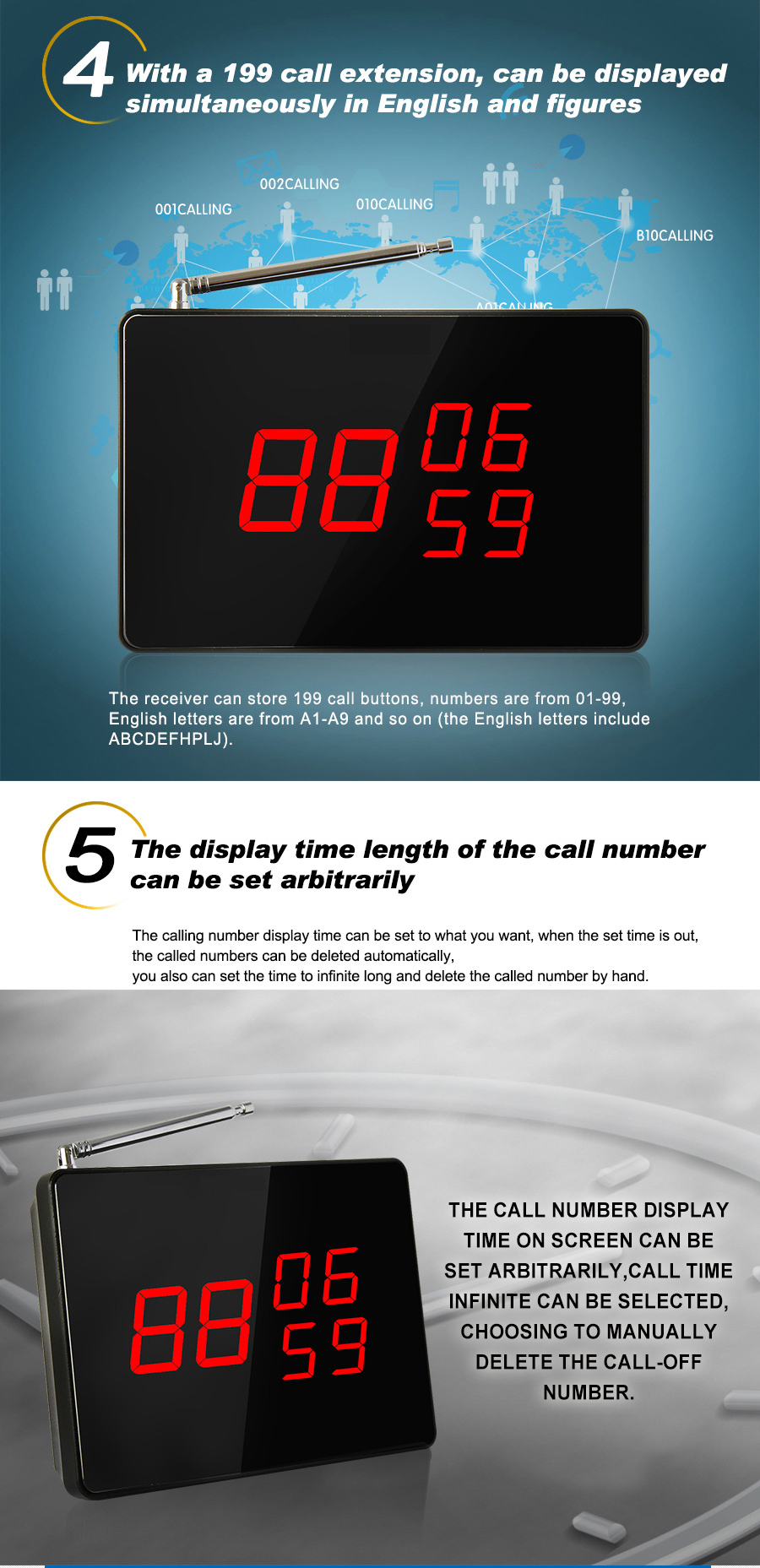 Water proof small wireless restaurant server customer paging system table button and screen receiver