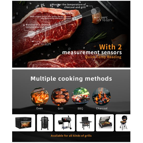 820FT Long Range Smart Wireless Instant Read Cooking Grill Thermometer Household Kitchen App Remote Meat Thermometer