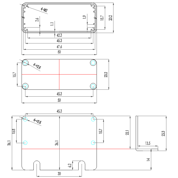 50*20*80mm Divided Body Sandblasting Surface Extruded Aluminum Enclosure Boxes