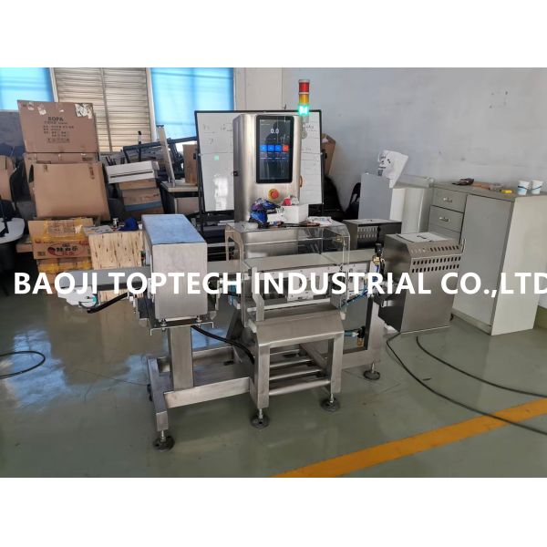 High speed combined metal detection and checkweigher machine for metal detection and weight sorting process