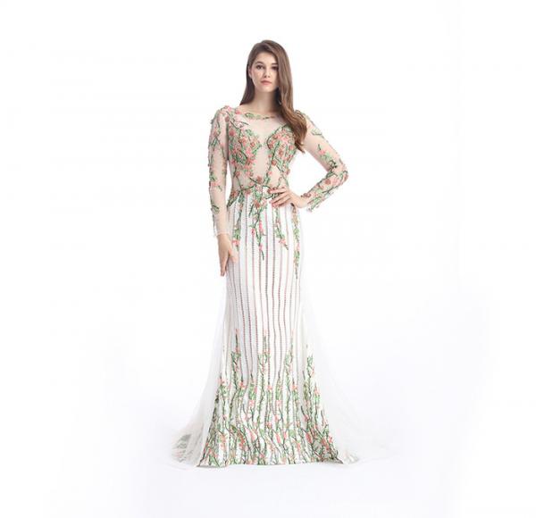 Quality Fishtail Long White Evening Dresses , Ball Gown Evening Dresses With Sleeves for sale