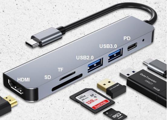 Quality 75g Computer Accessories HDMI 4K SD TF USB 3.0 USB2.0 PD 6 In 1 USB C Hub for sale