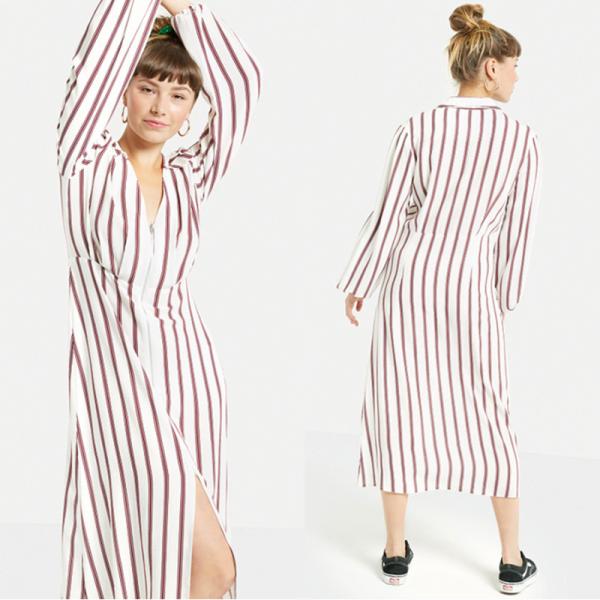 Quality 2018 New Arrival Fall Long Sleeve White and Red Striped Zip Front Sex V neck Midi Dress Ladies Autumn for sale