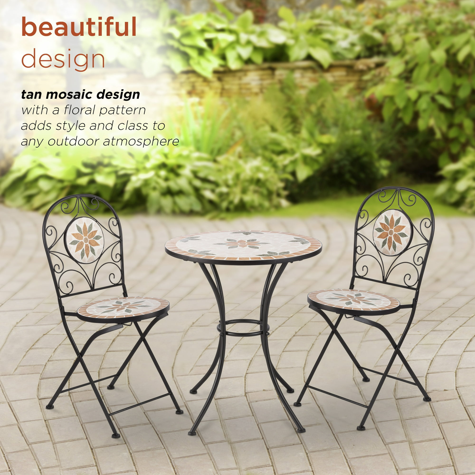 AJUNION 3 Piece Iron Mosaic Tile Patio Bistro Set with Ceramic Table and Folding Chairs