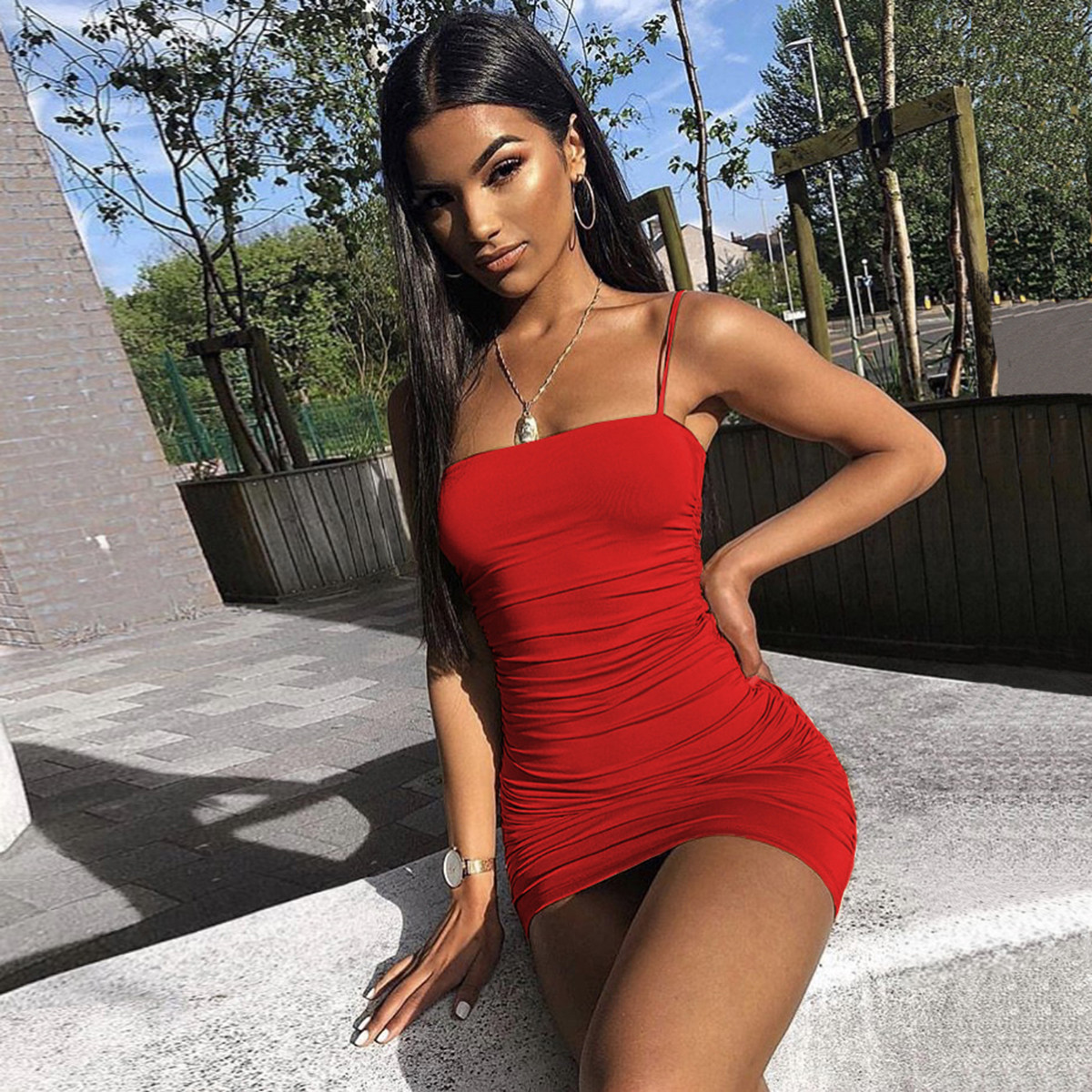 Spaghetti Straps Club Stretch 66cm Sleeveless Pleated Bodycon Dress