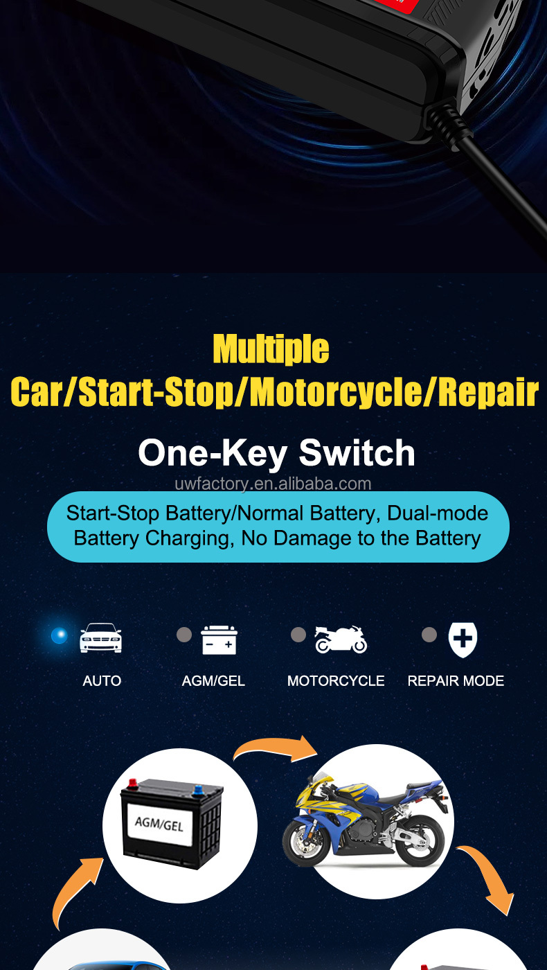 Lead Acid Battery Charger 90% Charging Efficiency 12V/1.25A Output Newest Pulse Repair with Automatic Function
