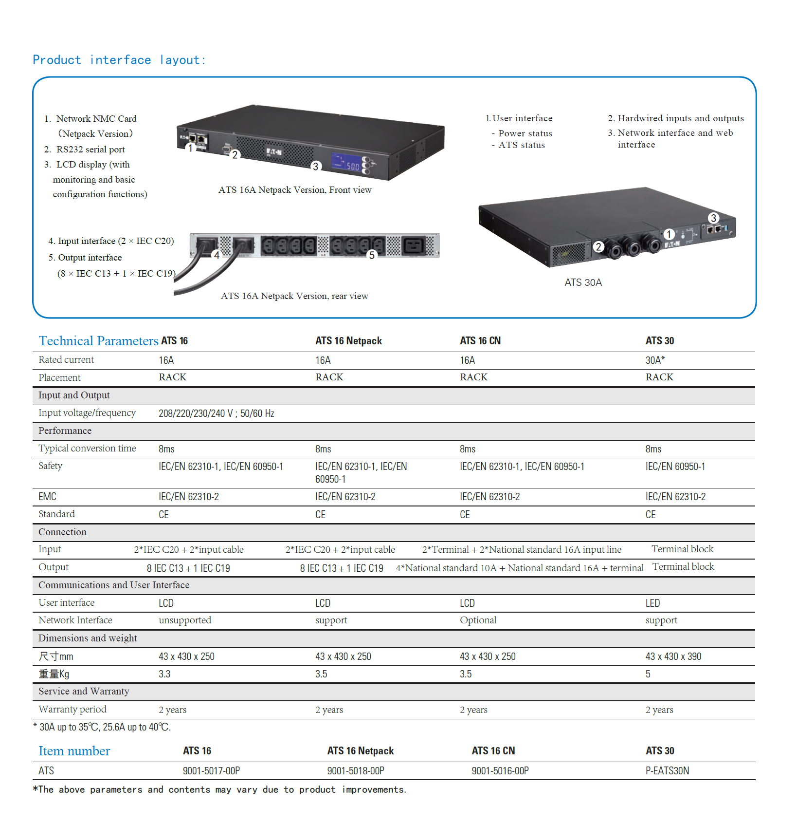 AC 220V 3 Pole Eaton ATS EATS30N Automatic Transfer Switch for C19 Redundant Power PDU