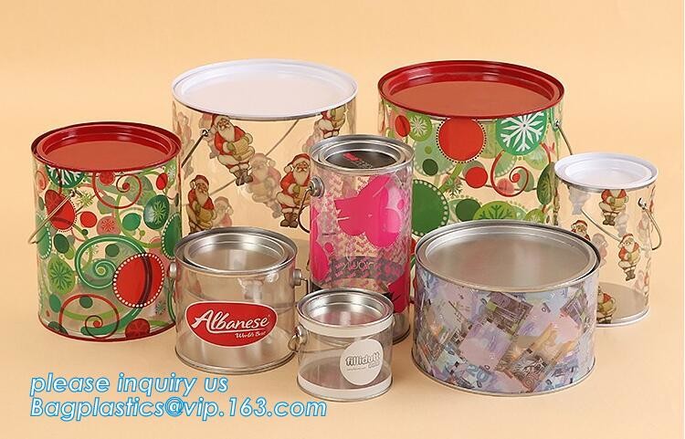 clear PVC PET can for food canning,Customized round clear paint can with tin lid,paint can with tin top & bottom and han