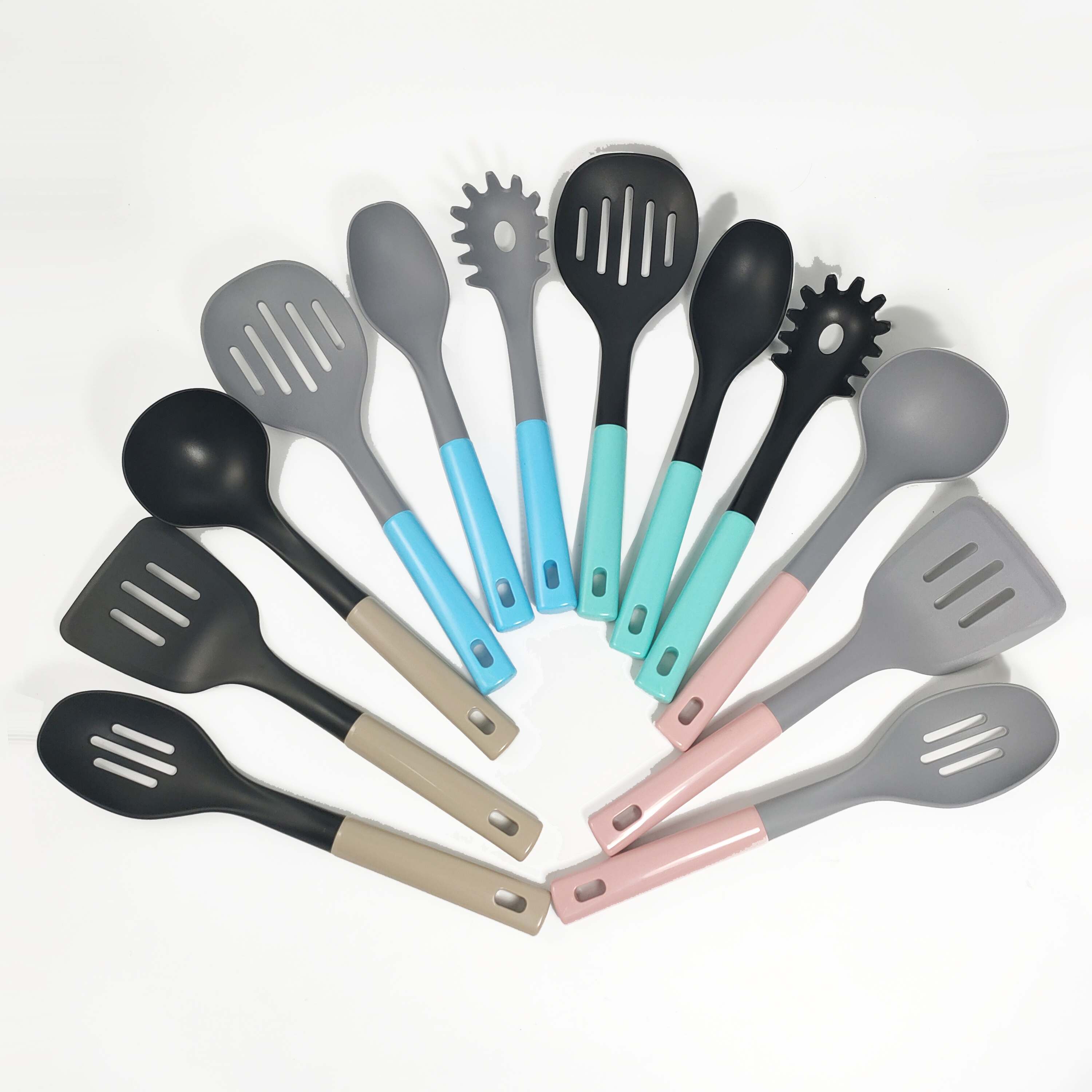 7-Piece Plastic Kitchen Utensils Set with Colorful Handle ABS and Wooden Effect Material