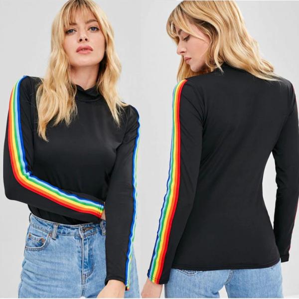 Quality New Fashion Rainbow Stripe Long Sleeve Cotton T Shirt for sale
