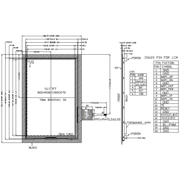 10.1 Inch Touch Screen TFT Display 800x1280 20 PINS MIPI Interface 720cd/M2