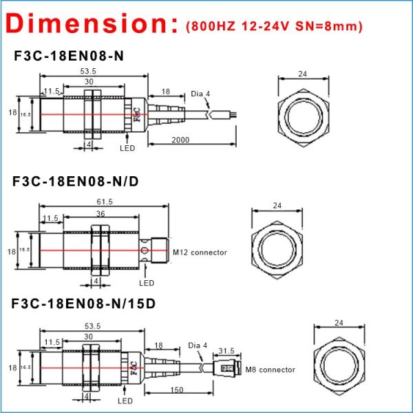M18 8mm Sensing Inductive Proximity Sensor 3 Wire 12V Non-Flush Inductive Switch