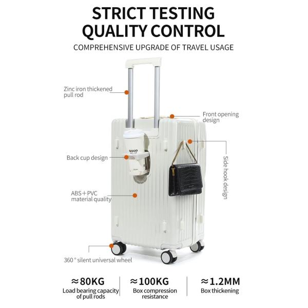 Multi-Functional Cabin-Size ABS Front-Opening Suitcase - (White, 20-inch) | Luggage | Innovative Front-Opening Design | Hidden Cup Holder travel