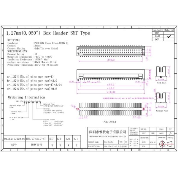 20P PCB 1.27mm Pitch Solder Box Header Dual Row PA6T Surface Mount