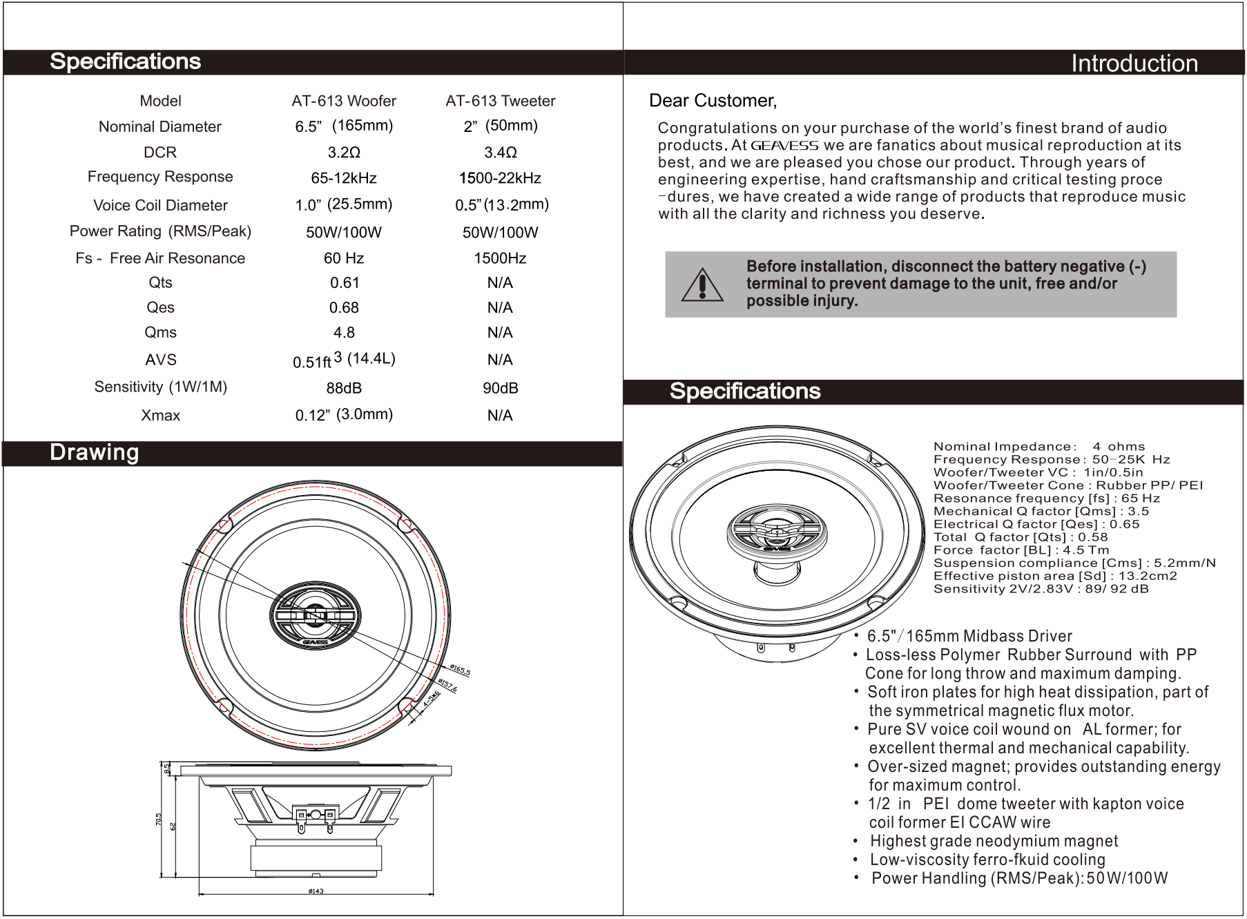 Set of 2 Full Range Coaxial Car Speakers with 6.5 Inches Subwoofer and 1500Hz Tweeter