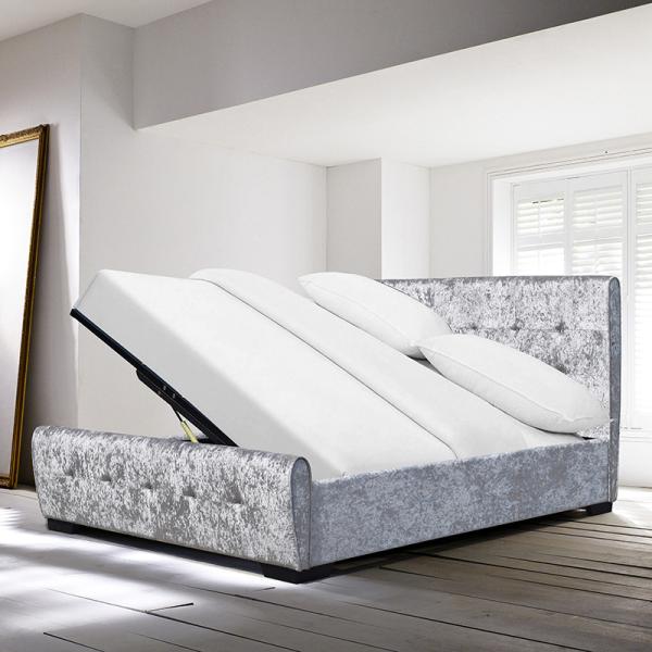 Quality OEM ODM Open Storage Bed Tufted Crystal Buttons Silver Crush Velvet Side for sale