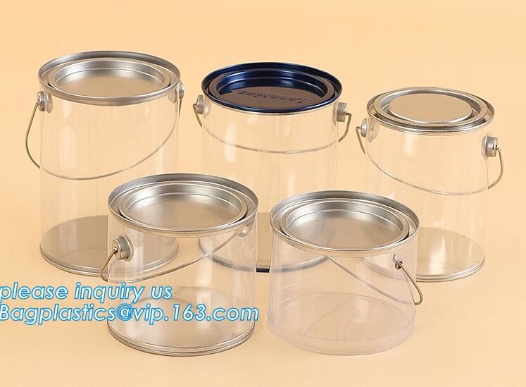 clear PVC PET can for food canning,Customized round clear paint can with tin lid,paint can with tin top & bottom and han