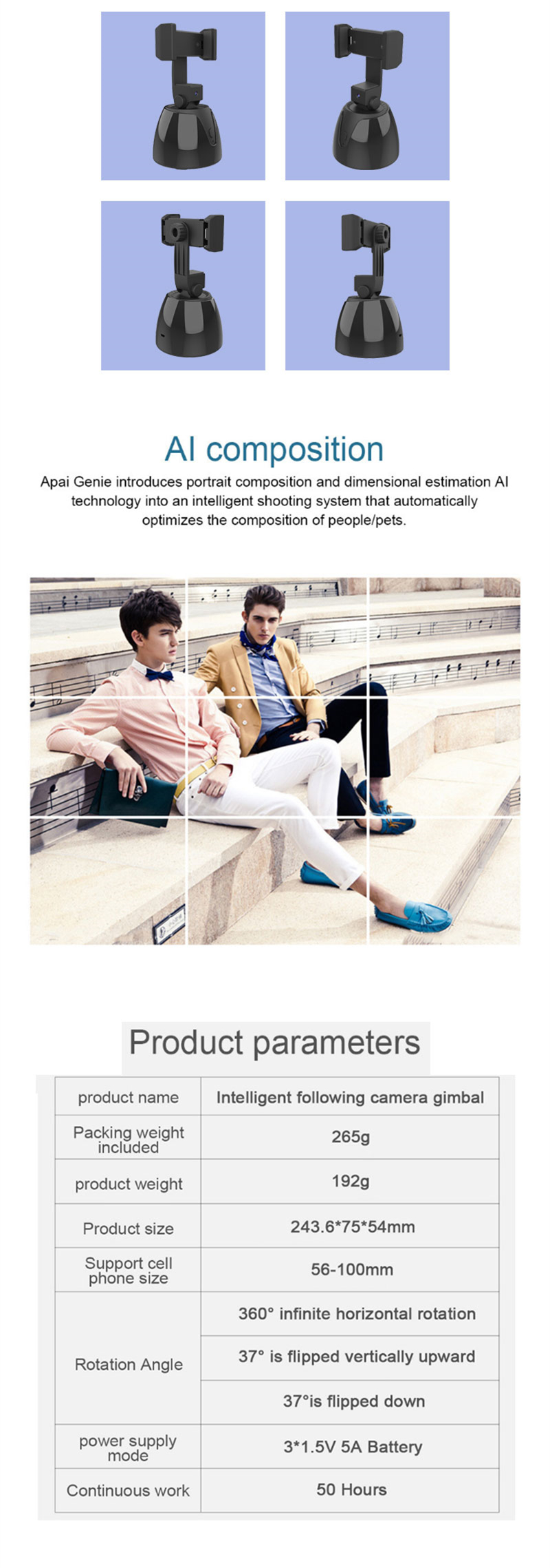 Follow Gimbal AI composition Object Tracking Auto Face Tracking Camera Phone Holder Auto Smart Shooting Selfie Stick