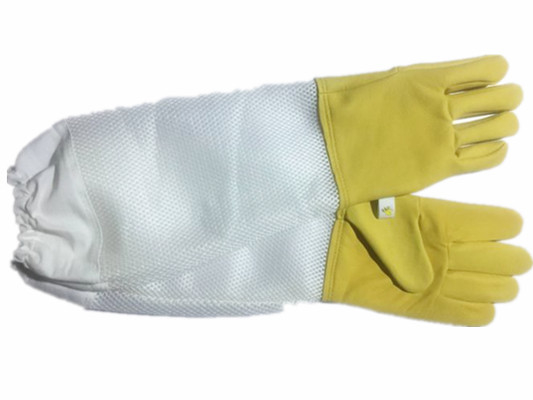 Durable Yellow Sheepskin Beekeeping gloves with white soft ventilated part, white elastic cuff