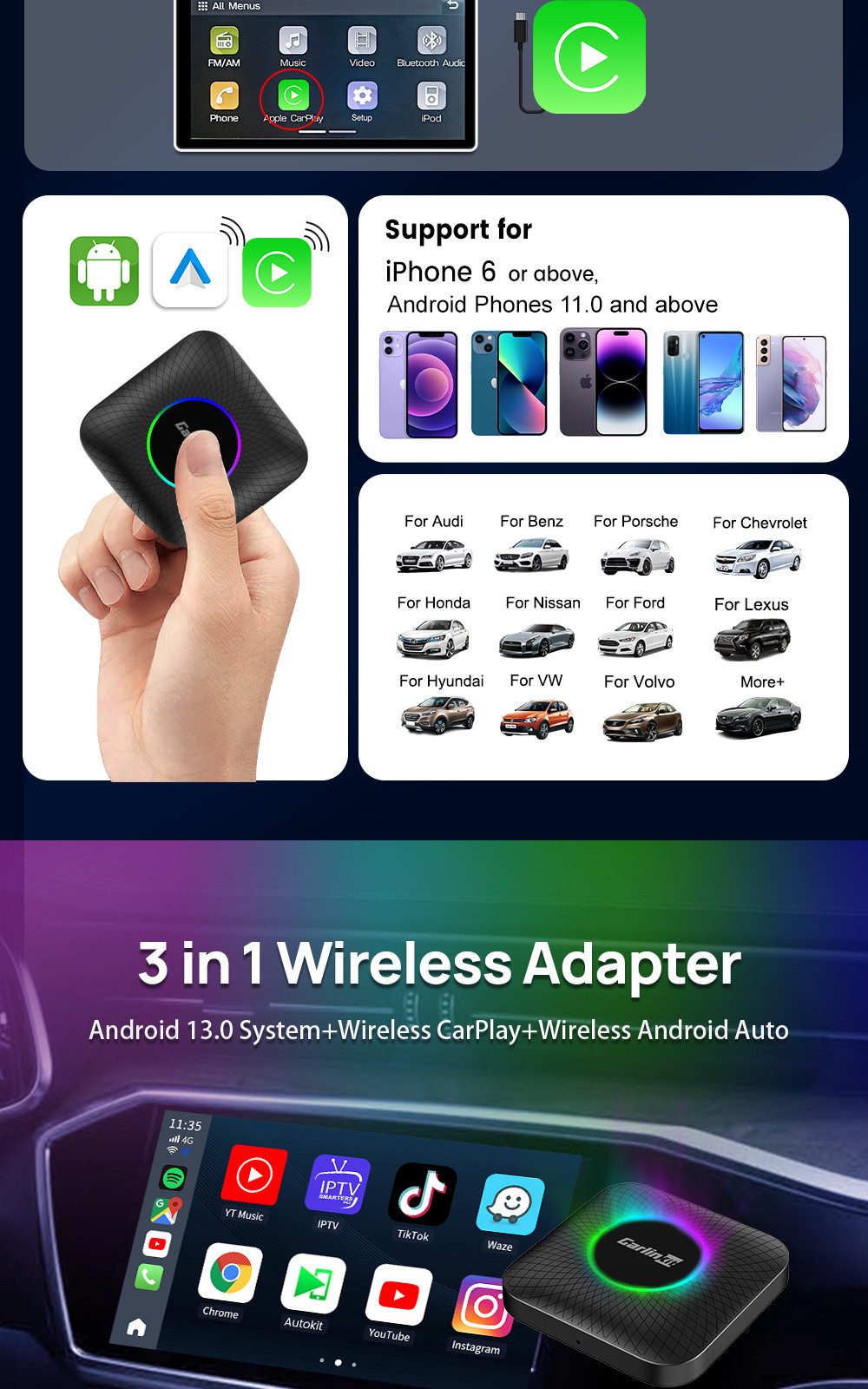 Multi Media Cpc200 Tbox 8G 128Gb Up To 512Gb Android 13 SM6625 Wireless Adapter Carplay Dongle Youtube Netflix Ai Tv Box