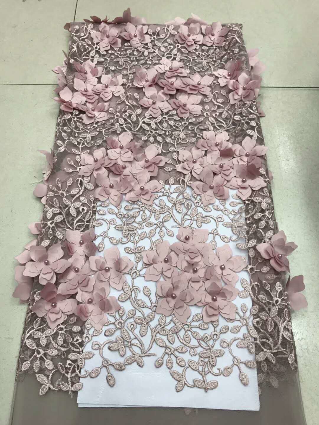 Polyester 3D Flower Cording Embroidered Lace Beaded Mesh Fabric For Textile
