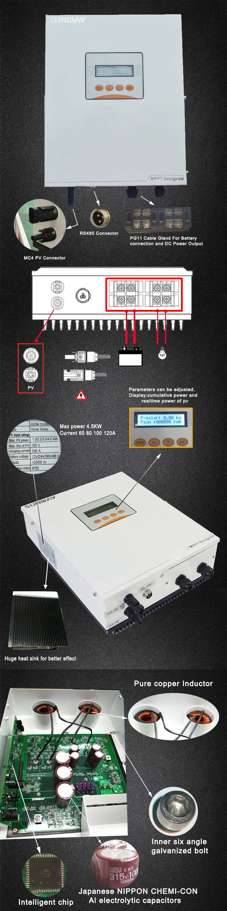 48V40A 50A 60A MPPT Solar Charge Controller with Overload and Short Circuit Protection