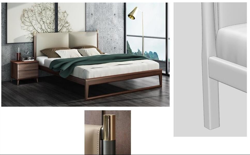 2017 New design of Leather Upholstered headboard Bed by Walnut wood frame for Young Apartment bedroom furniture use