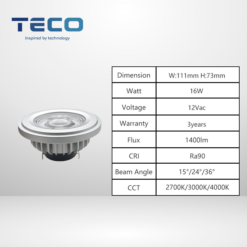 Teco Spot Rifle Gray G53 AR111 LED Bulbs 2700K 24 Degree Ra90 1400Lm Very Warm White Dimmable