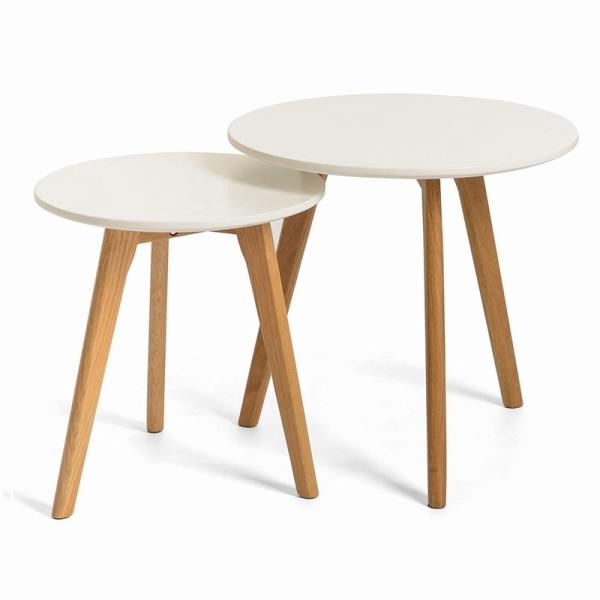 Solid Oak Wood Round Scandinavia Coffee Table Set 2 With MDF Top