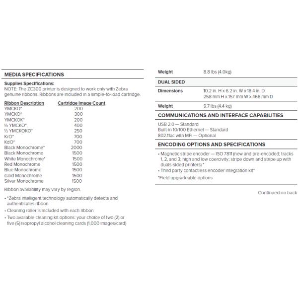 Zebra original ZC300 Single sided ID Card Printer Max. Resolution 300dpi 300dpi 9kg