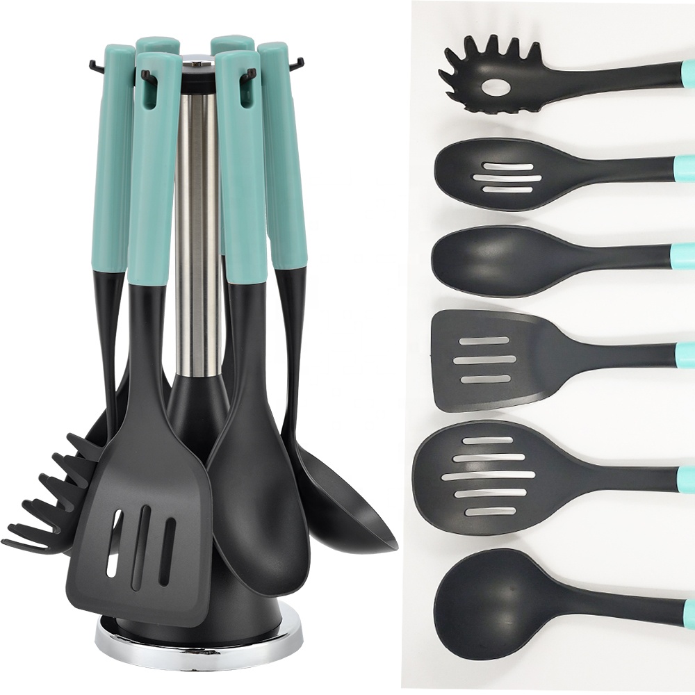 7-Piece Plastic Kitchen Utensils Set with Colorful Handle ABS and Wooden Effect Material