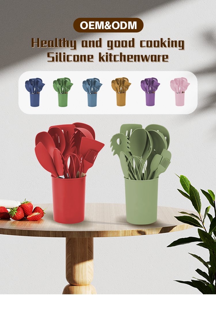 Silk Printing or Debossed Logo 12PCS Silicone Kitchen Utensils Set with Plastic Holder