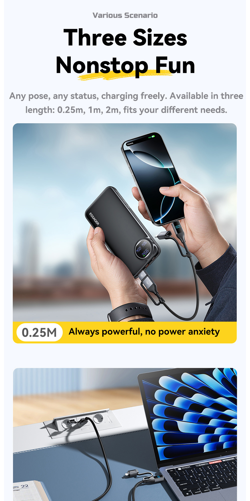 ESSAGER ES-X70 4 in 1 USB A/C to C/L Charging Data Cable PD and QC Charging for All Devices
