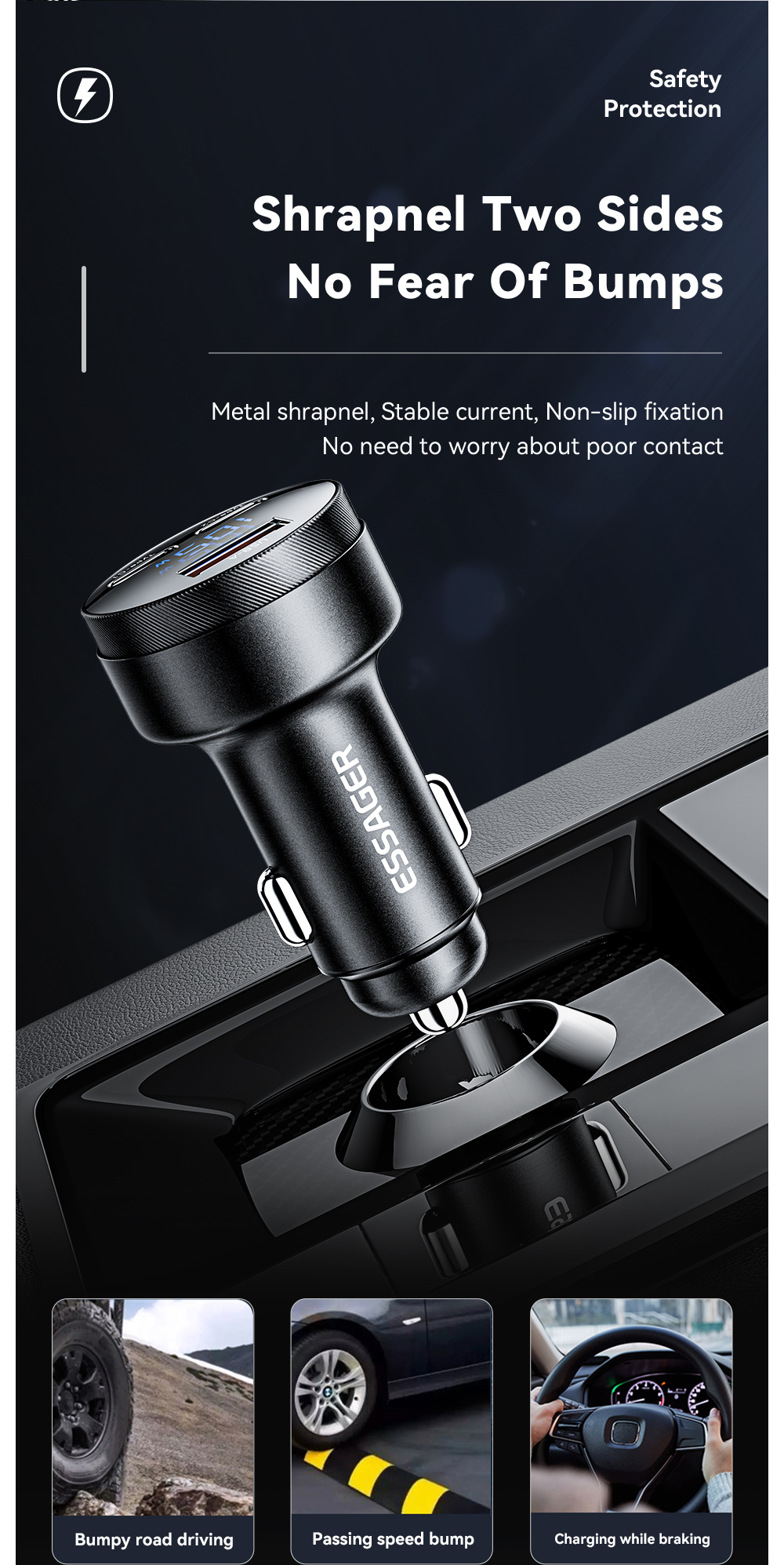 ESSAGER FSJ-008 105W 3 Ports Fast USB Type C Car Charger With Digital Display