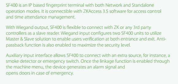 ZKTECO Fingerprint door access control SF400 STOCK Biometric time clock fingerprint scanner