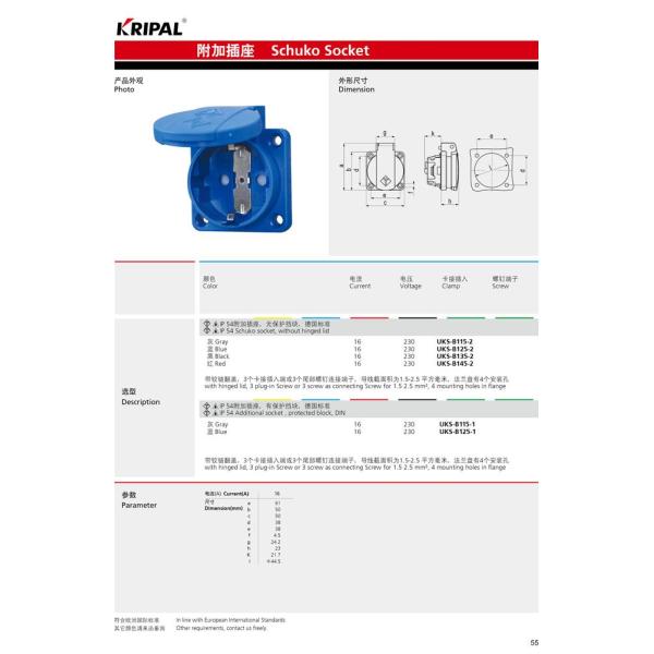 IP54 16 Amp Blue German standard for industrial additional socket