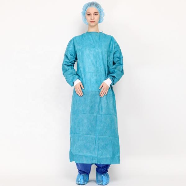 SMMS Blue Color EN 13795 Knitted Cuff Surgical Gown with Ultrasonic Sewing