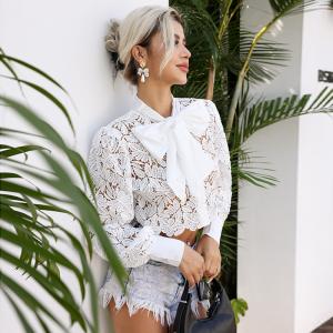 Long Sleeved High Neck Flared Blouse Chic White High Waisted Lace Tops With Stand Collar For Women