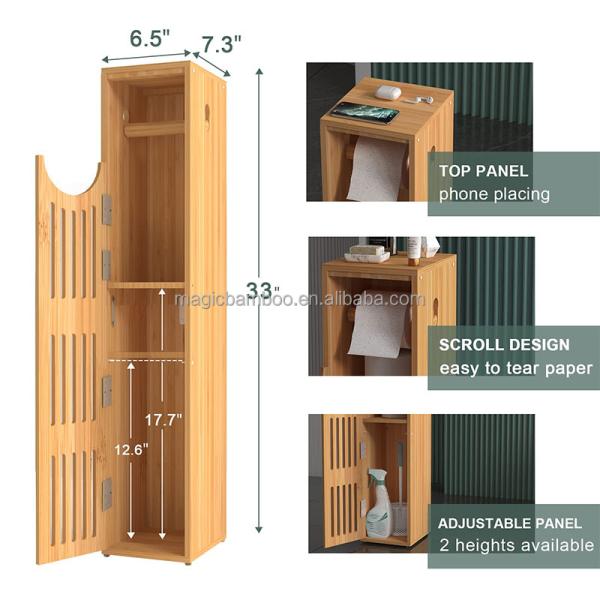 Multifunctional Bamboo Toilet Paper Storage Cabinet Roll Holder Cupboard Space Saving