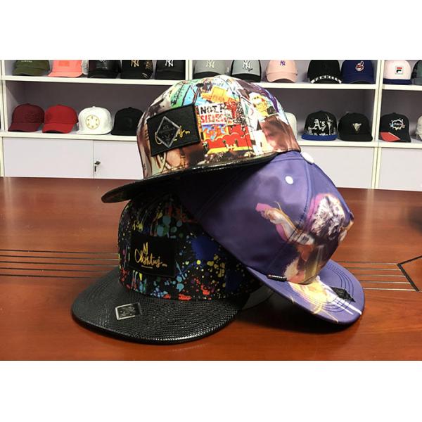 Plastic Buckle Flat Brim Snapback Hats Colorful Digital Sublimation Printed Leather Patch