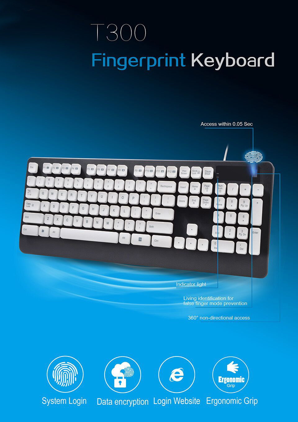 USB Plastic Keyboard With Fingerprint Reader Function Keys Multimedia Keys And Numeric Keys