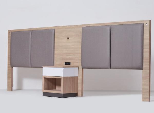 Quality Springhill Suites Hotel Customized Simple Upholstery Fabric with HPL Wooden Hotel Furniture Queen Bed headboard for sale
