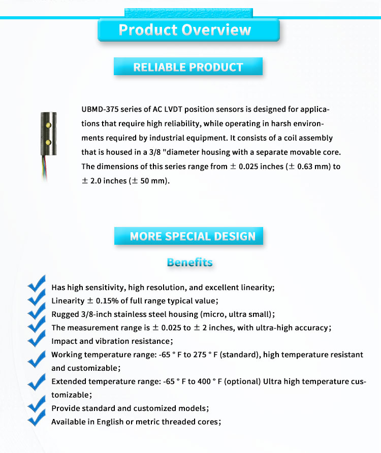 High Precision 24VDC 3Vrms Power LVDT Sensor for Micro Displacement Control System