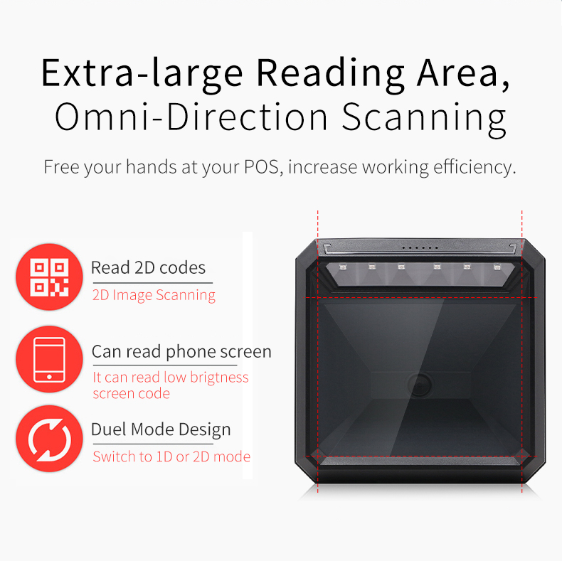Desktop Wired USB Barcode Scanner with Red LED Illumination and Omni Directional Scanning