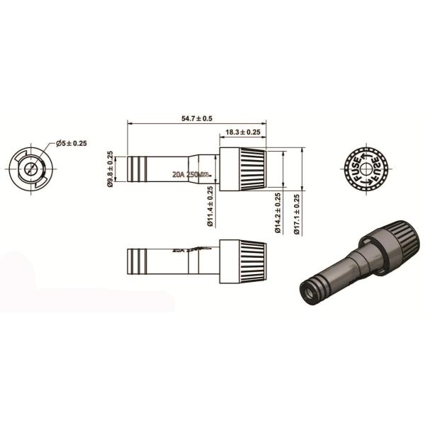 18 Gauge In Line Fuse Holder For 6 X 30mm Fuse 20A 250 VAC/32 VDC