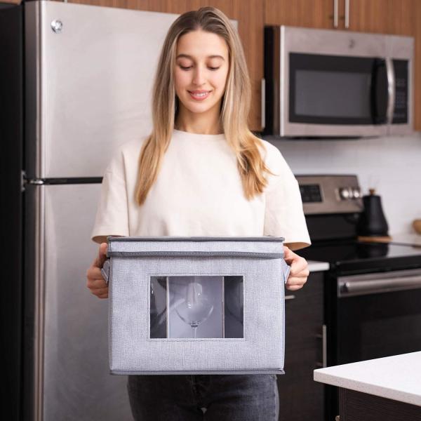 VENO 2 Pack Wine Glass Storage Box with Lid and Handles, Glasswares, China Organizer, Great for Moving, Transport.