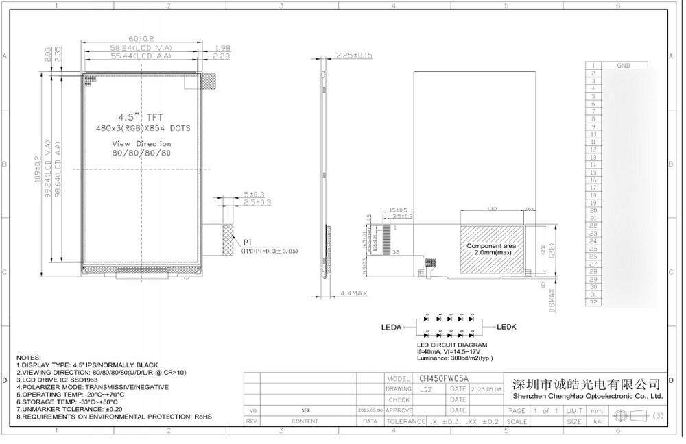 480*854 Dots IPS LCD Module 32pin FPC 4.5 inch TFT LCD Screen