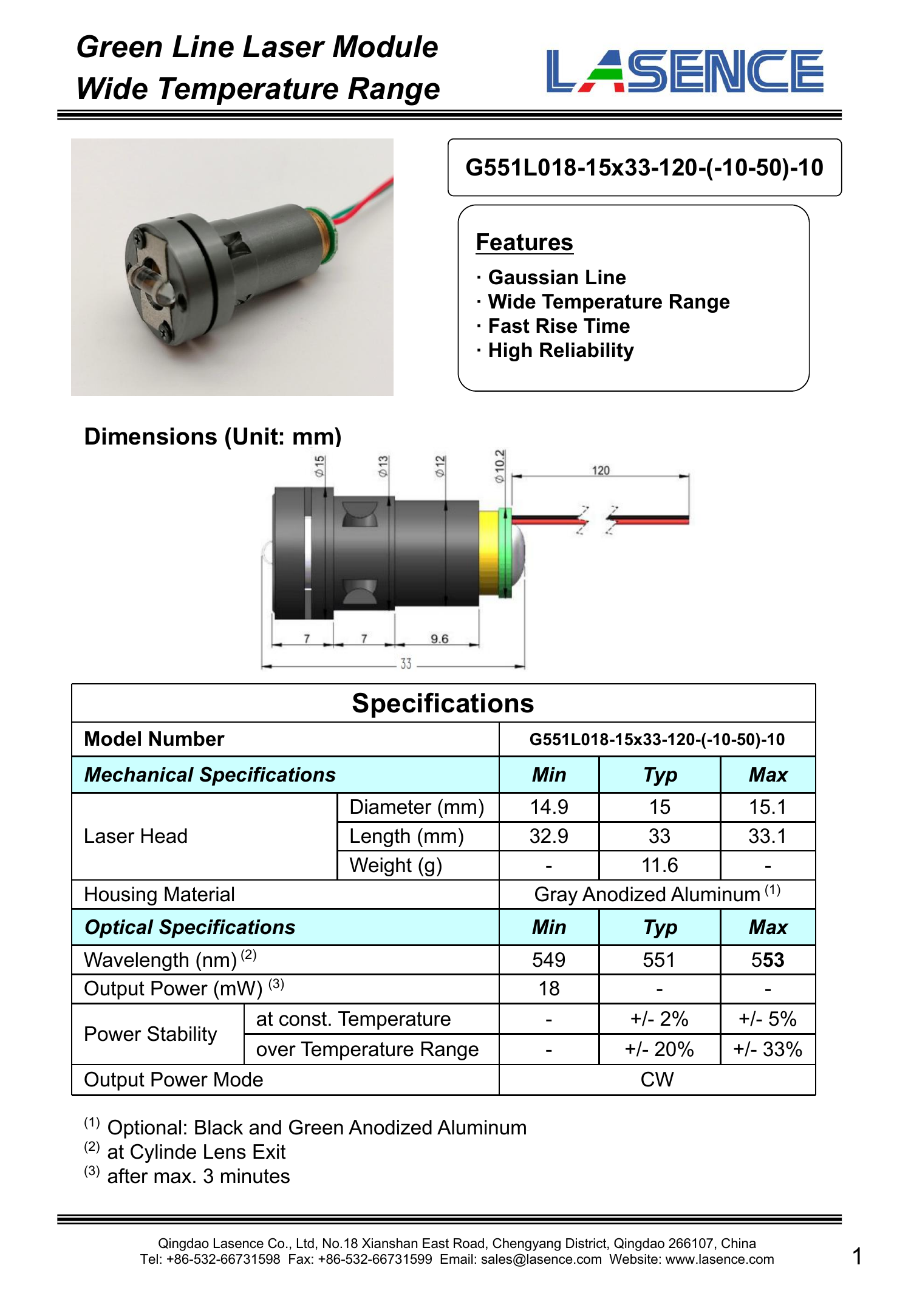 Lasence 555nm 15mW Line Laser Module CW Output within -10 to 50C Temperature Range