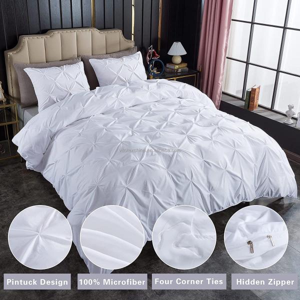 Popularity Stock 90GSM 3 Pieces Pintuck Cover Soft Microfiber Bedding Set All-Season Customized Zipper Closure